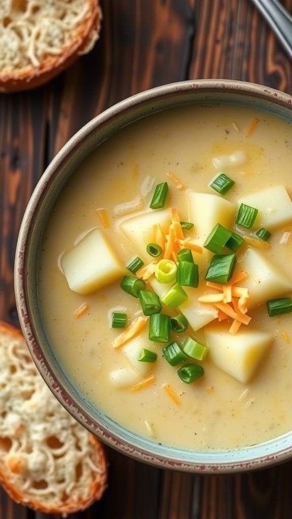 A bowl of creamy potato chowder garnished with green onions and cheese, alongside a slice of bread on a rustic table.